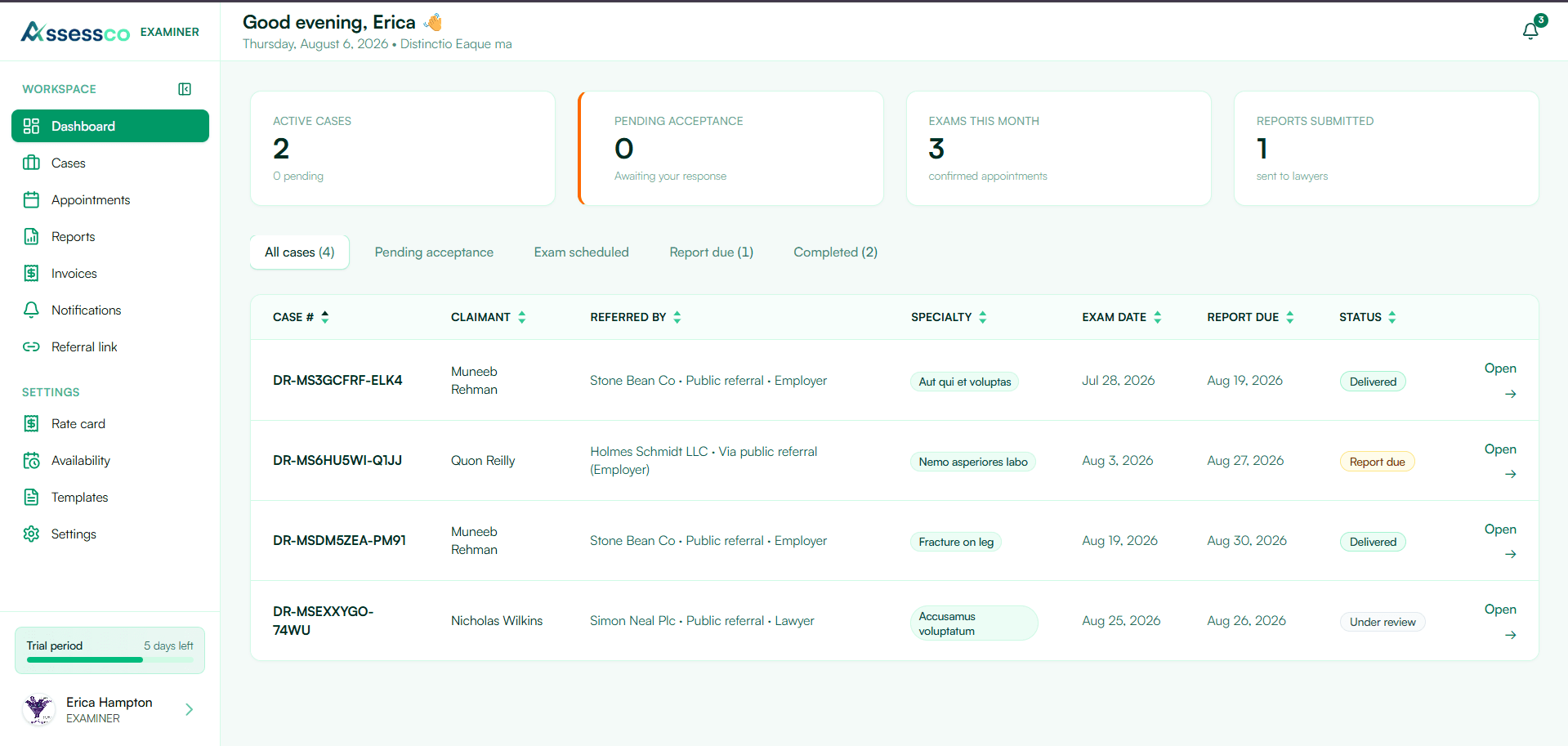 Independent examiner dashboard with direct referrals