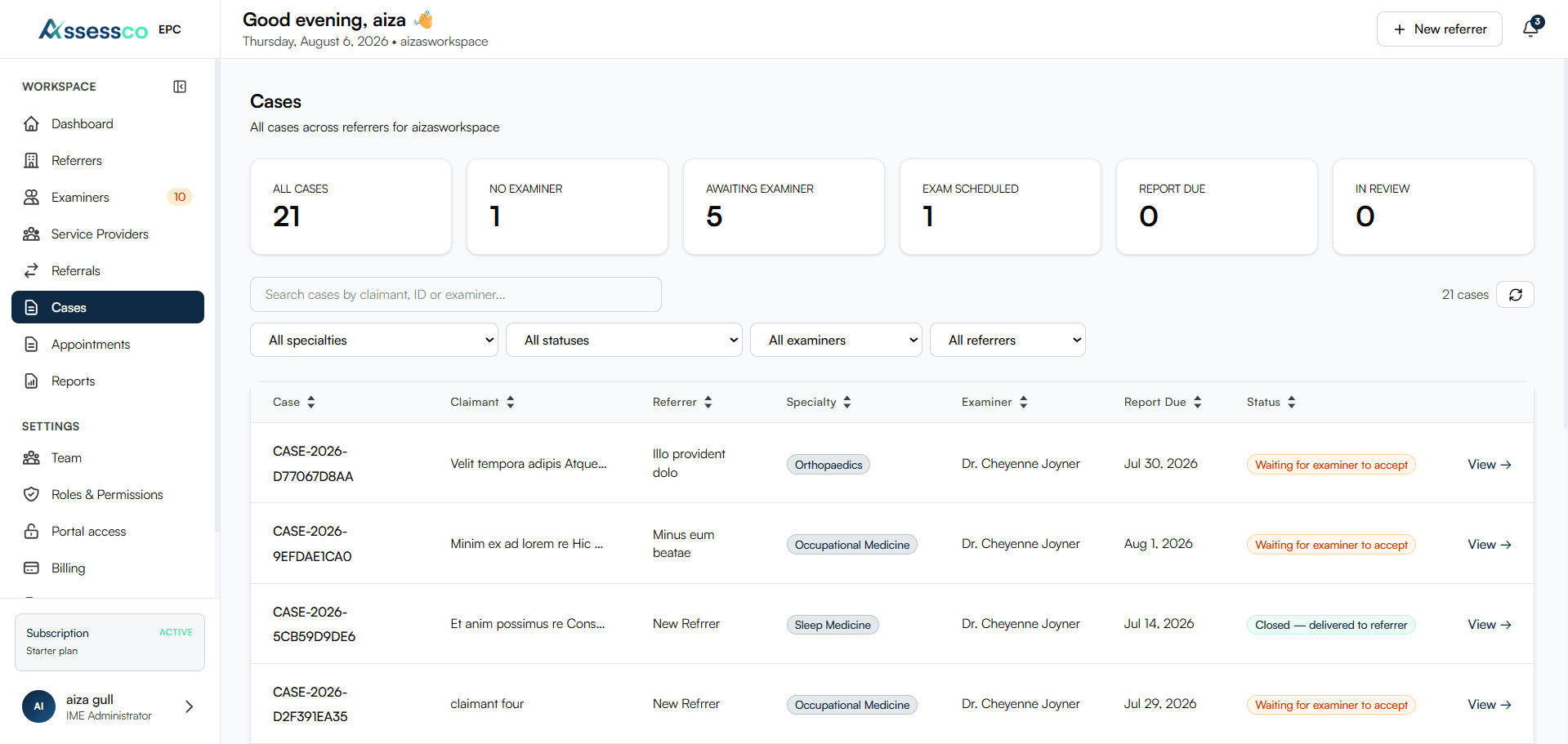 Case list showing scheduling status