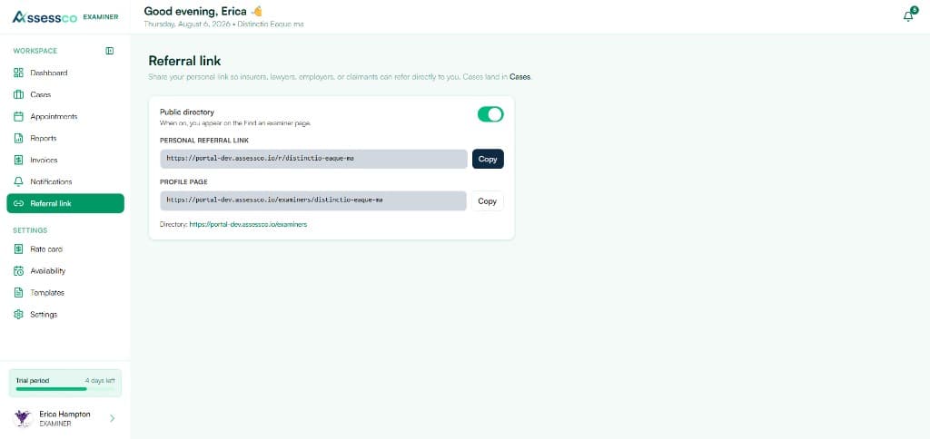 Independent examiner referral link settings in Assessco