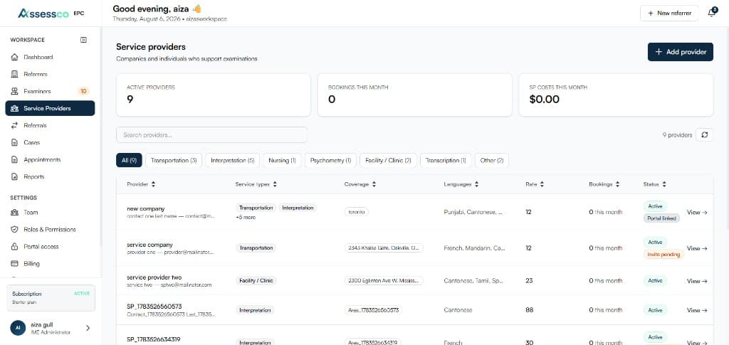 Assessco EPC service provider roster — transport, interpretation, and vendor management